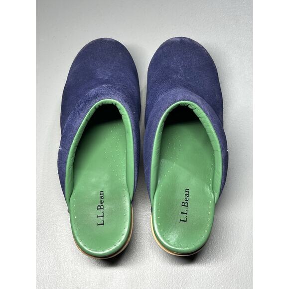 LL Bean Slide Clogs Womens 8 Blue Suede Sailboat Logo Slip On Preppy Coastal - Picture 4 of 13